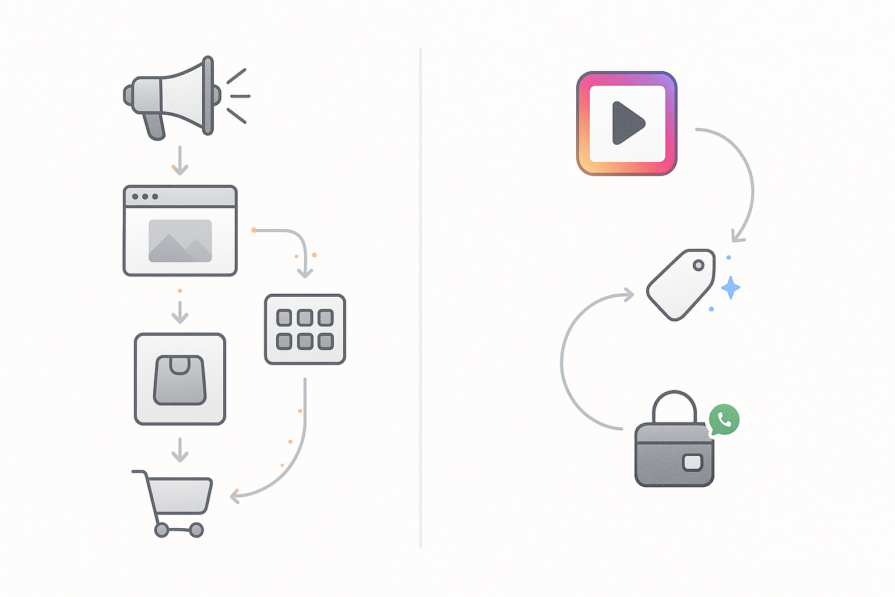A split-screen graphic comparing a traditional eCommerce funnel to the streamlined path of social commerce in 2026.