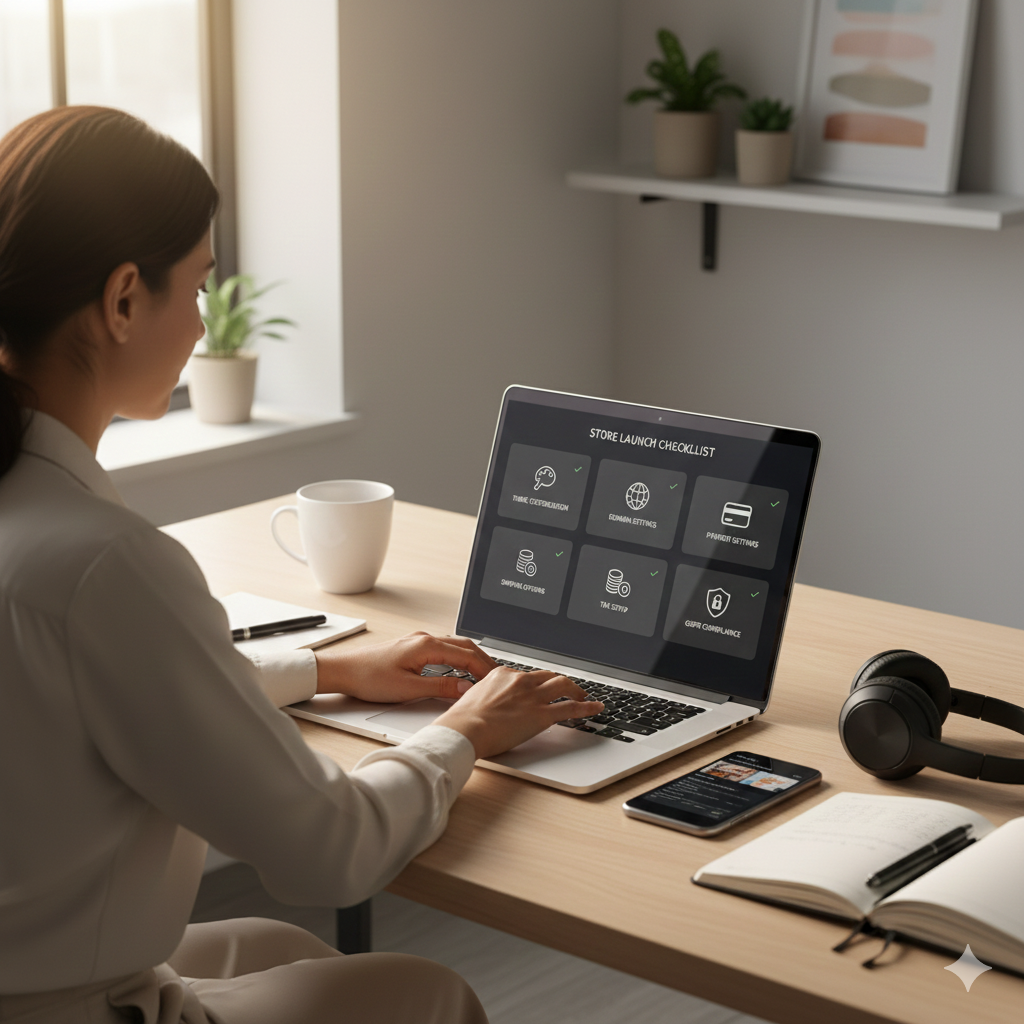 Shopify store setup workflow illustration for EU DTC brands