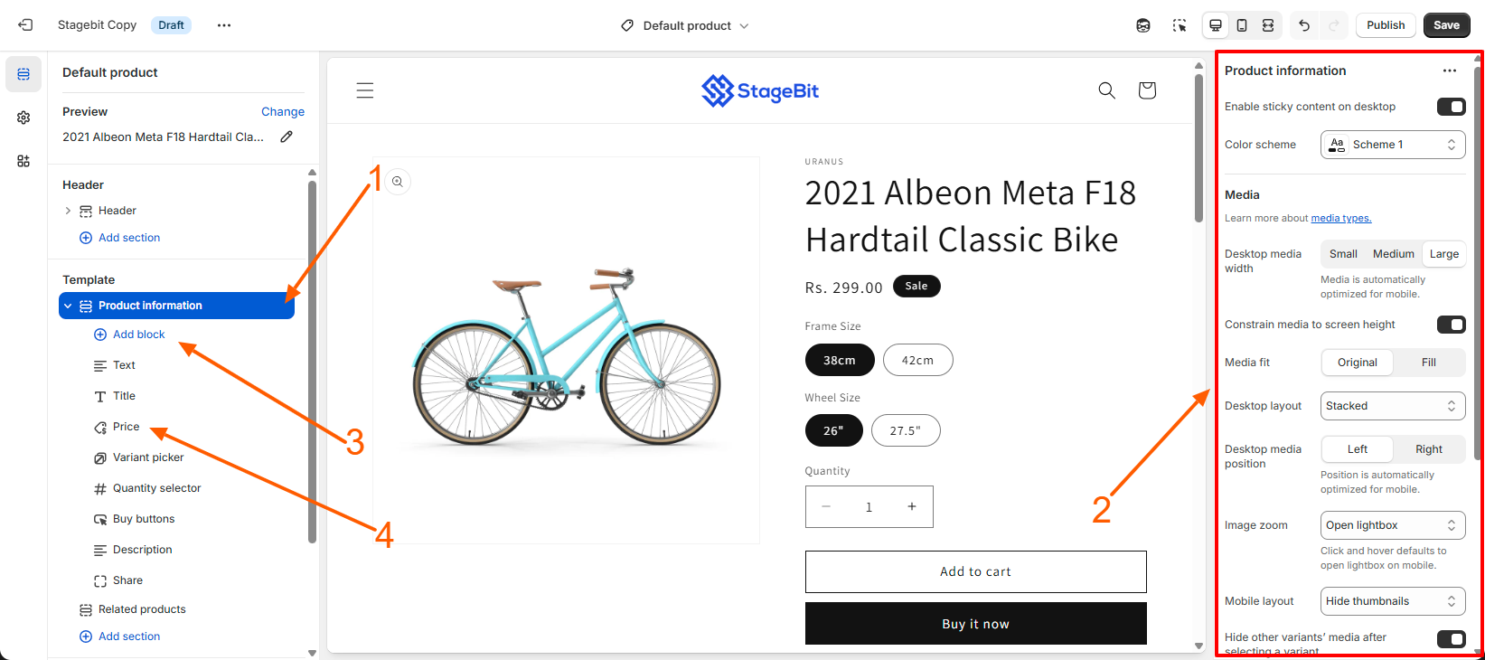 product page customization settings