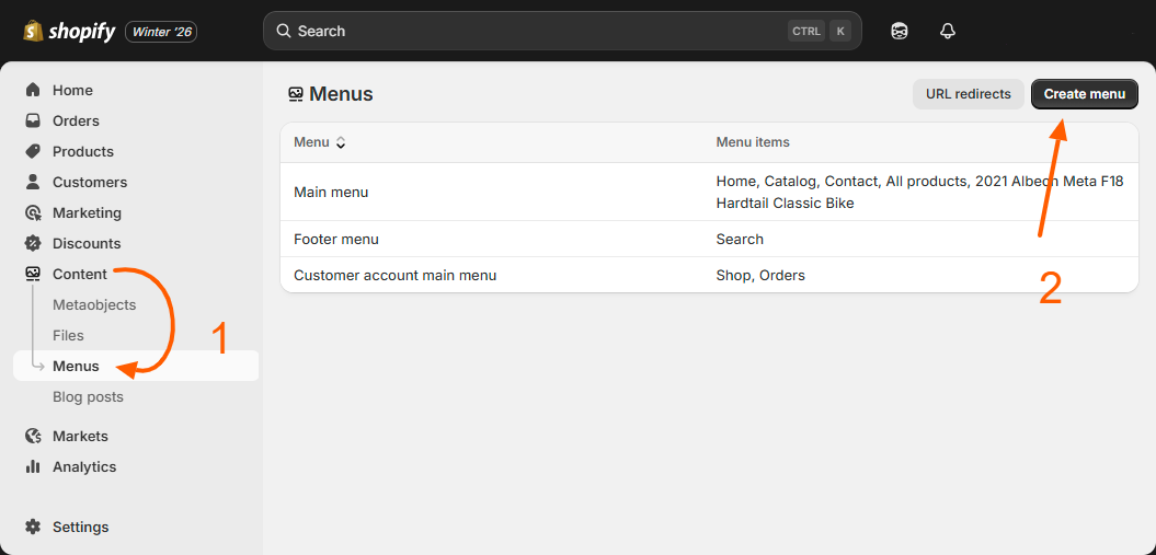Creating menus in Shopify