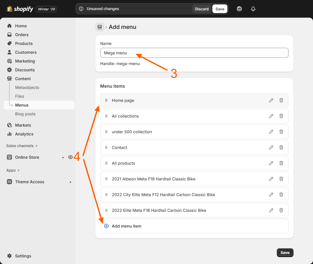 Adding menu items in Shopify