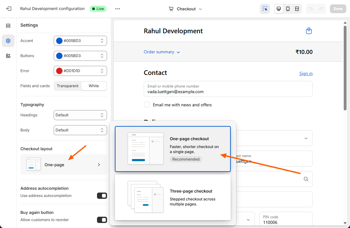Adding one page checkout in shopify