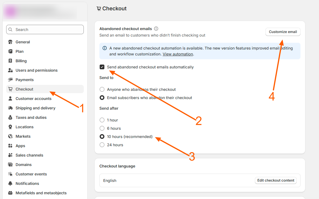 Enable abandoned checkout recovery emails in Shopify settings