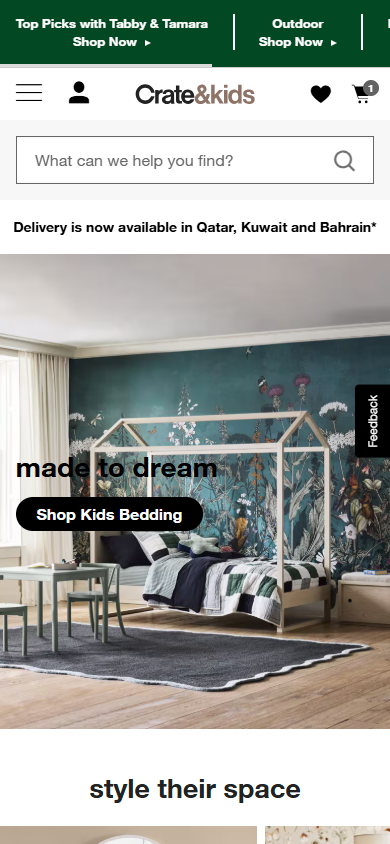 Crate & Barrel mobile product listing page with category filters and furniture grid