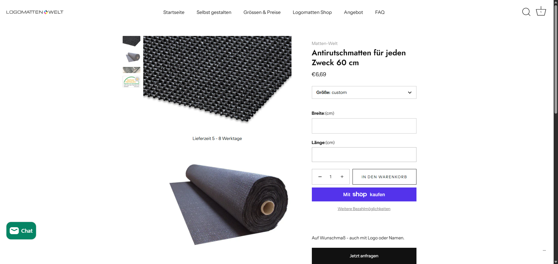 Mattenwelt custom product configuration interface built with React