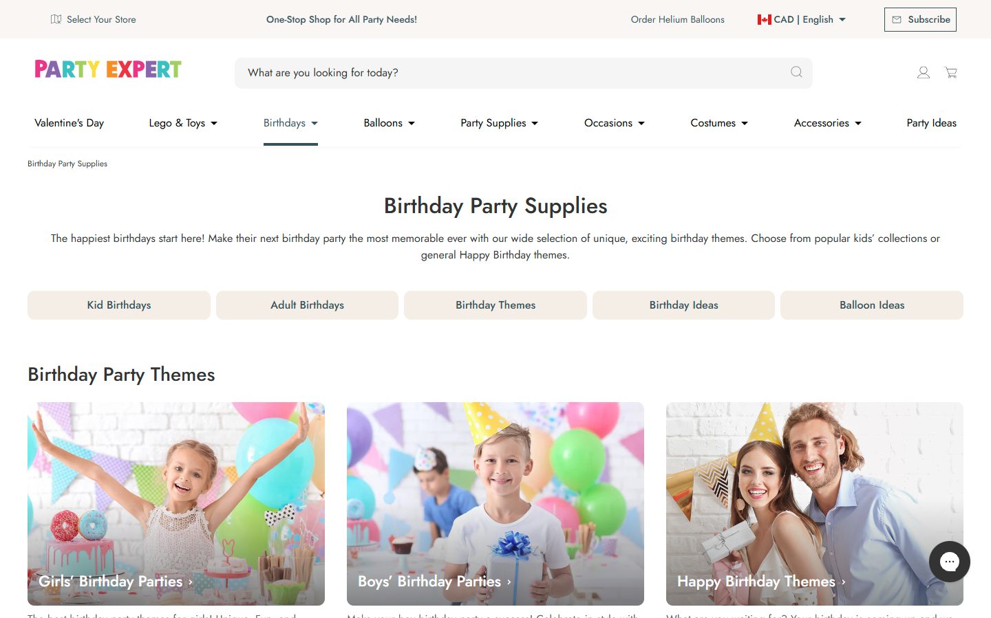 Shopify product listing page for high-volume party supplies retailer migrated from Magento 1 with improved navigation and filtering