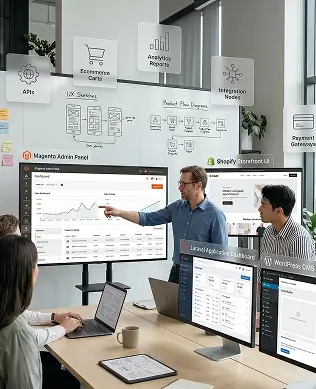 team analyzing ecommerce dashboard and business data