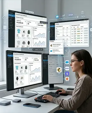 woman managing ecommerce dashboard on multiple screens