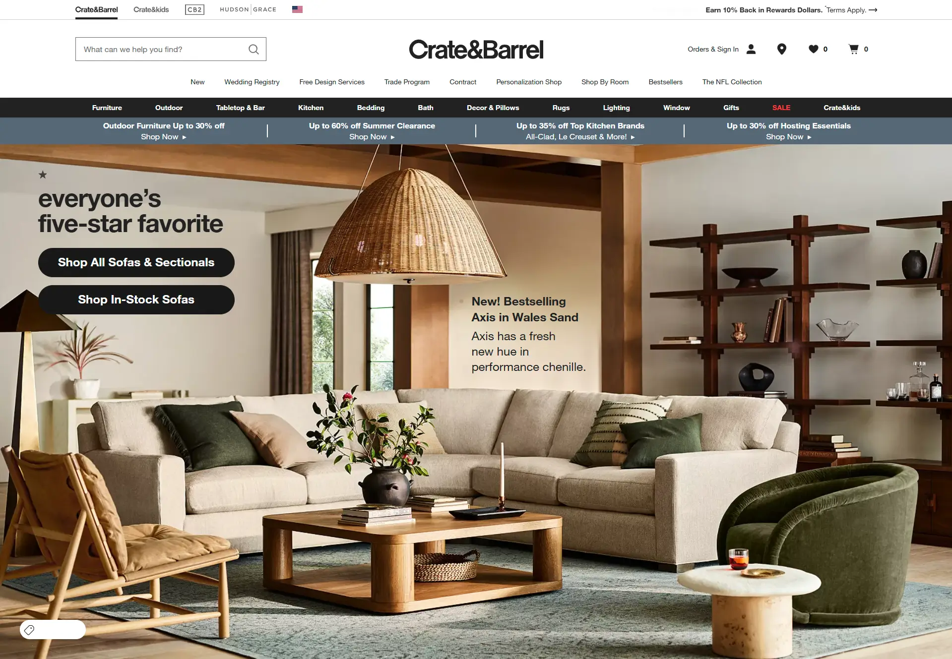 Crate & Barrel Magento 2 homepage with enterprise furniture catalog and promotional content