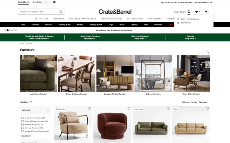 Crate & Barrel product listing page with category filters and furniture grid layout