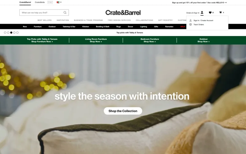 Crate & Barrel homepage design showing modern furniture layout and hero banner