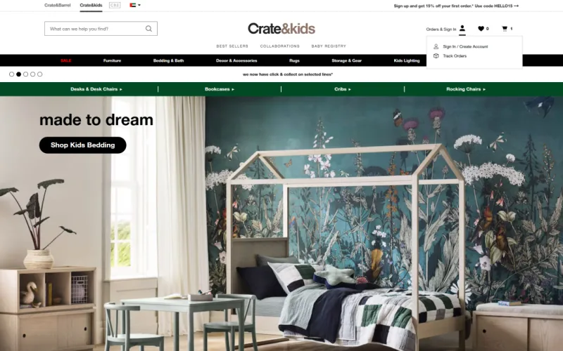 Crate & kids product detail page showcasing furniture images, pricing and specifications
