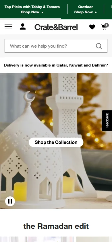 Crate & Barrel mobile homepage design with hero banner and navigation menu