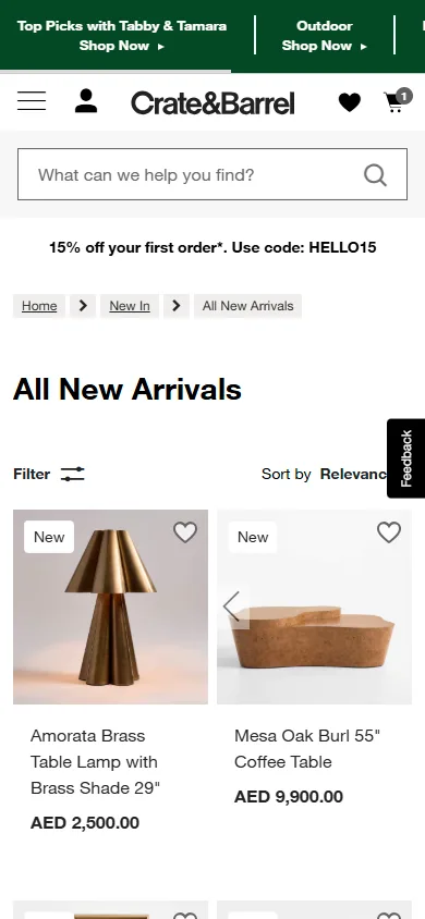 Crate & Barrel mobile product detail page showing product images, price and add to cart section