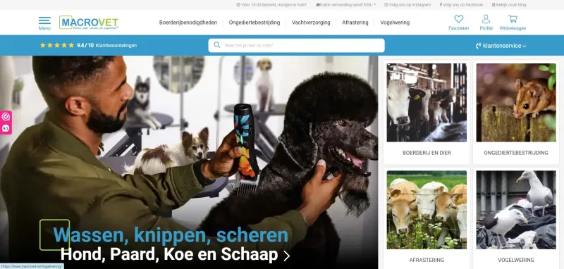 Macrovet.nl homepage rebuilt on Shopware 6 Evolve with custom mega menu and Clerk.io search
