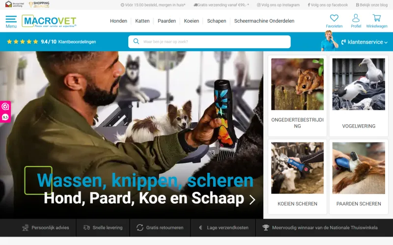 Macrovet.nl Shopware 6 homepage after zero-downtime migration from Magento 1 with performance-optimized frontend and preserved catalog data