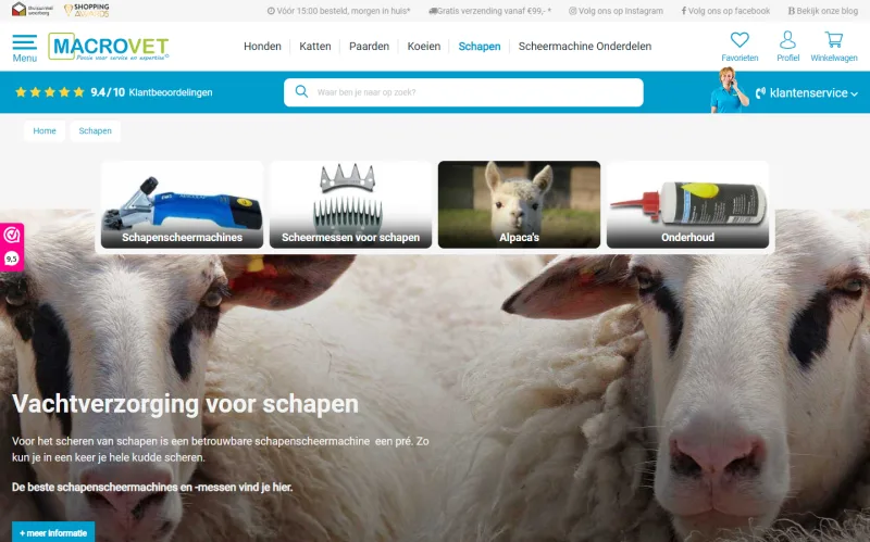Macrovet.nl Shopware 6 product detail page featuring optimized checkout flow, integrations and 90+ performance score enhancements