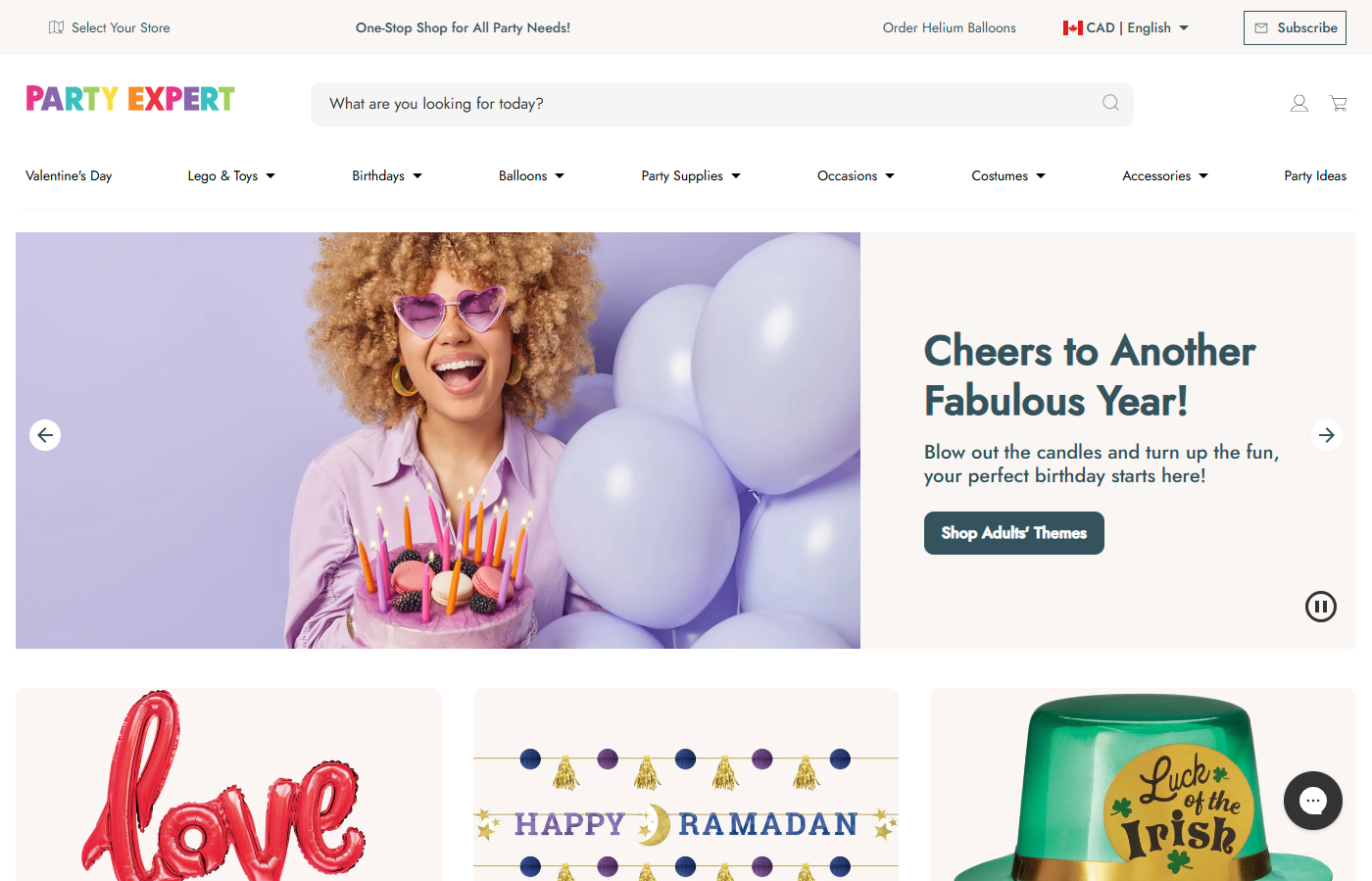 Party Expert's Shopify homepage, rebuilt during their Magento 1 to Shopify migration for faster loading