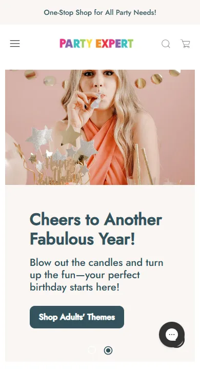 Party Expert's mobile homepage on Shopify following their Magento 1 to Shopify migration