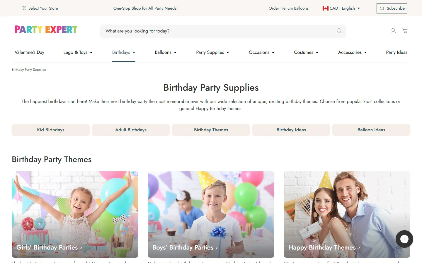 Party Expert's Shopify collection page, redesigned in the Magento 1 to Shopify migration
