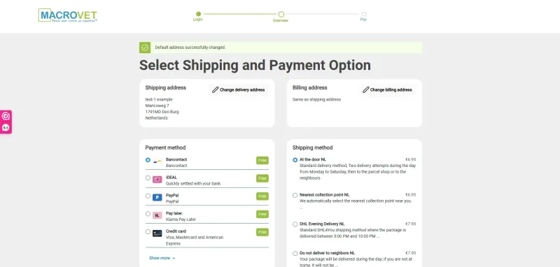 Macrovet Shopware 6 one-page checkout showing shipping and Mollie payment selection
